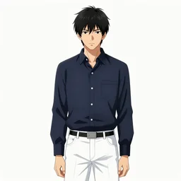 aesthetic illustration of very serious ryosuke takahashi with black hair wearing a dark blue shirt and white pants stands near mazda rx 7 on an empty gas station at dusk, initial d anime 1 0 8 0 p, detailed anime face, high detail, 9 0 s anime aesthetic, volumetric lights, unreal engine 5 render, pinterest wallpaper, trending on artstation