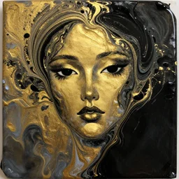 liquid marble acrylic fluid paint, black ink, golden and black liquid materials, abstract art, beautiful female face