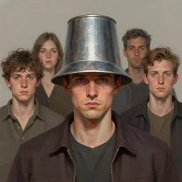 a digital painting of a man with a bucket head, by greg rutkowski, chris tulloch mccabe, valentina remenar and asher duran, digital art, concept art, trending on artstation