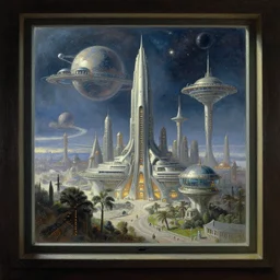 science fiction space city. cityscape through the window frame. painting by church frederic edwin