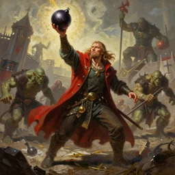 a highly detailed colorful portrait painting of male alchemist throwing a bomb, dramatic battle scene with orcs, hires, 4 k, artstation, deviantart, in the style of greg rutkowski