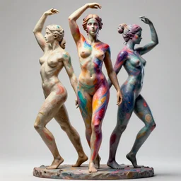 sculpture of Emma Watson by Jean-Baptiste Carpeaux and Luo Li Rong and Michael James Talbot, all body, standing athletic pose, perfect symmetrical face, psychedelic colors, bodypaint, acrylic paint splashes, in full growth, elegant, realistic, 8K, female full-skin figure, hyperrealism, subsurface scattering, raytracing, rim light, Octane Render, Redshift, Zbrush