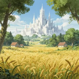 Lush fields of wheat and farm houses outside a beautiful elven city made of white marble, anime, lush trees, a fantasy digital painting by Greg Rutkowski and James Gurney, trending on Artstation, highly detailed