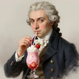 beautiful art of Mozart drinking a strawberry milkshake, the straw is in his mouth, digital art, trending on artstation
