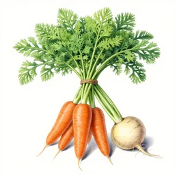 botanical drawing of a bundle of carrots and turnip