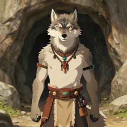 character portrait feature of the anthro male anthropomorphic wolf fursona animal person wearing tribal primitive caveman outfit belt standing in the entrance to the cave, well framed character design stylized by charlie bowater, ross tran, artgerm, makoto shinkai, detailed, soft lighting, rendered in octane
