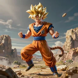real life high detail photo of goku super saiyan dragonball z floating realistic