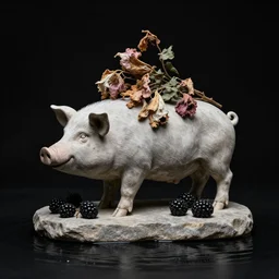 sculpture of a pig and blackberries, photorealistic, centred, wilted flowers, black background, mounted on stone, black flood waters, zen, trending on artstation