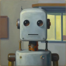 brutalist robot with kind eyes portrait, lowbrow, pj crook, grant wood, edward hopper, oil on canvas