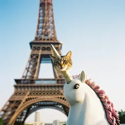 a cat head comes out of a unicorn horn in paris, canon 5 d 2 8 mm lens kodak gold 4 0 0 film