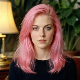 a portrait of a woman!! by norman rockwell!!! pink hair! pronouns pin!!! pretty face! lamp light, plants background!