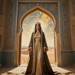 portrait of an islamic empress combined with a surreal islamic style ornamental gate in the desert opening into an other dimension. by vincent di fate, james jean, dom qwek greg rutkowski alphonse mucha. ornament, intarsia, ambient lighting, atmospherical, photorealistic fantasy concept art, trending on art station, stunning visuals, creative, cinematic, ultra detailed