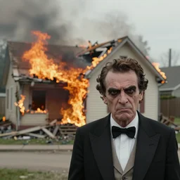 a photo of a house burning down in the background and groucho marx with an eerie expression in the foreground, strong depth of field