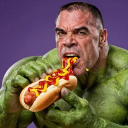 hulk hogan eating a hot dog and ketchup and mustard are dribbling down his chin, hyper realistic, 8k