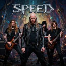 photorealistic album art for a speed metal band, bald lead singer with leader jacket, guitarist who smokes too many cigarettes, keyboard player with a mullet, bassist is pretty normal dude, metal album art, fantasy matter painting background