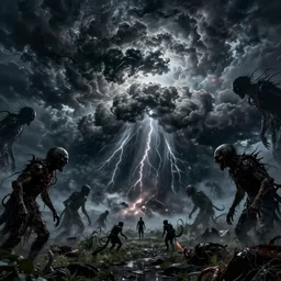 the scariest storm surrounded by horror creatures in the scariest sky, epic scene, dark, scary, horror, frightening, fantasy, cinematic, jakub rozalski, high detail, dramatic lighting, night