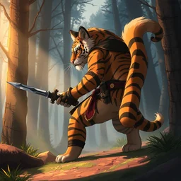 an anthropomorphic medieval tiger assassin with a fluffy tail in the forest, trending on artstation, trending on furaffinity, digital art, by kawacy, anime, furry art, warm light, backlighting, cartoon, concept art, greg rutkowski