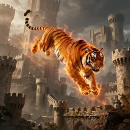 tiger of fire flying over a medieval castle, postapocaliptic scenery, massive architecture, ultrarrealistic, octane render, unreal engine, povray, raytracing, volumetric light, hdr