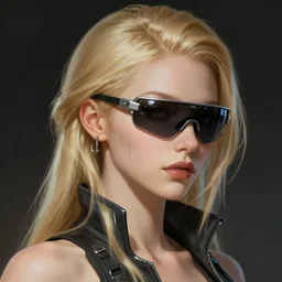 beautiful blonde Cyberpunk female character with futuristic sunglasses implanted into face, cyberpunk, sci-fi, intricate, elegant, highly detailed, digital painting, artstation, concept art, smooth, sharp focus, illustration, art by artgerm and greg rutkowski