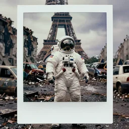 faded photographs of american white spacesuit chubby astronaut in postapocalyptic abandoned destroyed paris, wrecked buildings, destroyed flipped wrecked cars, polaroid photo, vintage, neutral colors, rainy day, by gregory crewdson