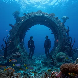 intergalactic stargate portal in the middle of a deep ocean, with strange sea creatures swimming around it and a school of fish in the foreground by rodney matthews and richard eurich, style of underwater photography