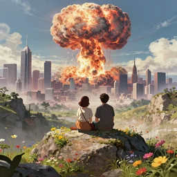 a couple sitting together on top of a rock covered hillside with flowers watching a nuclear explosion in a distant city with skyscrapers, a detailed matte painting by filip hodas, sharp focus, anime asthetic, cgsociety, fantasy art, cinematic, artstation hq, vfxfriday, dystopian art, octane render