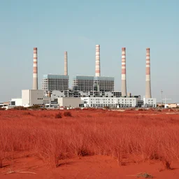 a massive power station in the middle of a red sand grass field