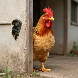 man dressed as a chicken hiding around a corner, trending artstation, award winning photo