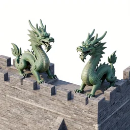 two dragon statues in front of a fortress, digital art, shot from a birds eye camera angle