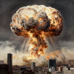 soft drawing of a photorealistic life-like nuclear explosion with a mushroom cloud and shockwaves with dust and fog in the city. Centered. Horror dystopia style. Highly detailed 8k. Intricate. Nikon d850 300mm. Award winning photography.
