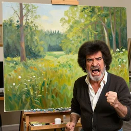 old!!!! bob ross is sad and angry and yelling!!! at a huge painting of nature by bob ross