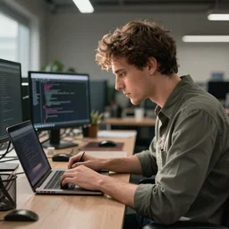Man works in an open-office on a laptop writing code