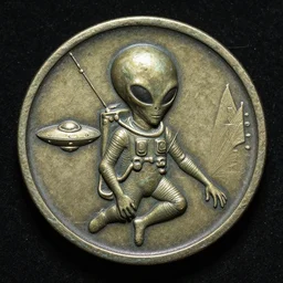 alien or ufo or astronaut on an ancient bronze coin, dark background