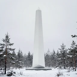 a large, white obelisk floating above the ground in a taiga. snowing, grainy, overcast sky,