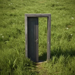 a door portal in a middle of a grass field. unreal engine.