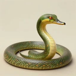 A creature that is a cross between a duck and a snake. It has a long, green body with orange spots. Its beak is sharp and curved, and it has orange eyes.