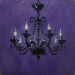oil painting of a black chandelier swinging and moving violently to the foreground of the painting, dynamic movement, deep purple background, chiaroscuro, automatism, tachisme, violence, heavy impasto technique, painterly