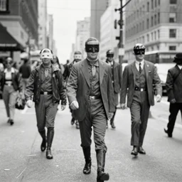 old black and white photo, 1 9 1 3, depicting masked superheroes walking through the bustling streets of new york city, historical record