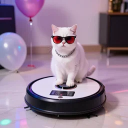 white cat wearing sunglasses, cat sitting on top of roomba, roomba, roomba dj console, reflective marble floor, disco party lights, red tinted sunglasses, cat wearing chains, balloon