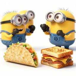 taco and grilled cheese in an epic boxing match being spectated by minions, hyperre