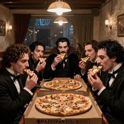 a bunch of victorian era vampires eating pizza in tel aviv