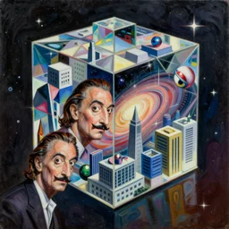a hd surrealism painting of 3d cast glass galactic hypercube sculptures buildings by dali and kandinsky by zaha hadid, ultra detailed, 4k, oil on canvas