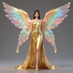 a beautiful symmetrical woman full body wearing golden fabric  with translucent colorful wings  by alex gray and android jones , Karol Bak, Ayami Kojima, Amano , concept art, character design, fantasy,3D, 8k resolution