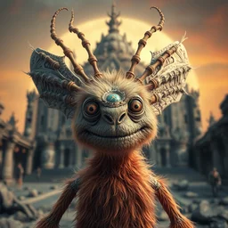 a high quality photo of a strange insectoid muppet god with furry fuzzy body and many segmented eyes, an alien temple in the background, absurdist fantasy, sharp focus, vibrant, vivid, symmetry, highly detailed, cinematic, intricate lines, concept art by giger, lisa frank, emil melmoth