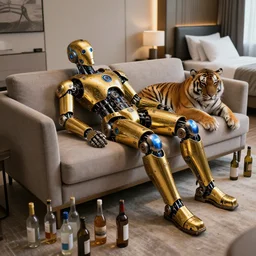 portrait photo of a shiny golden and blue metallic futuristic steampunk humanoid robot sleeping on a sofa in a modern hotel room, empty bottles all over the floor, next to the robot is a tiger, messy, pressphoto, insanely detailed, wide shot