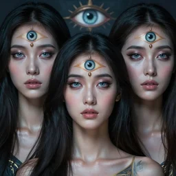 two three eyed goddesses, third eye in middle of forehead, long necks, very wide shot, very !hairy bodies, beautiful colors, eye in forehead, beautiful lighting, very detailed, eyes reflecting into eyes reflecting into infinity