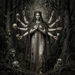 full body portrait of marzanna slavic goddess associated with with six arms in slavic clothes seasonal rites based on the idea of death and rebirth of nature concept art zdzisław beksinski, full body!! contour light effect!! hd, 4 k, ultra clear detailed : dark color gamma