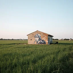 A serene landscape with a singular building in the style of street art