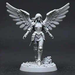 80mm resin detailed miniature of a young armored angel, very long hair, on textured base; Miniature product Photos, 4K, Full body; Front view