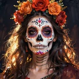 illustration of a sugar skull day of the dead girl, art by don ed hardy